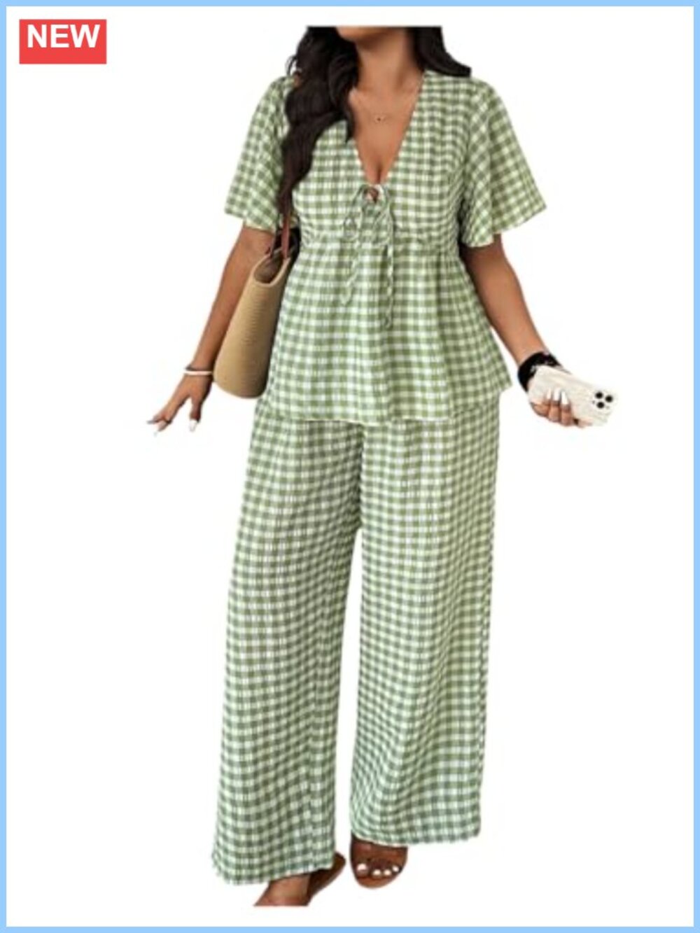 Plus Size Gingham 2 Piece Outfit Tie Front V Neck Elastic Waist